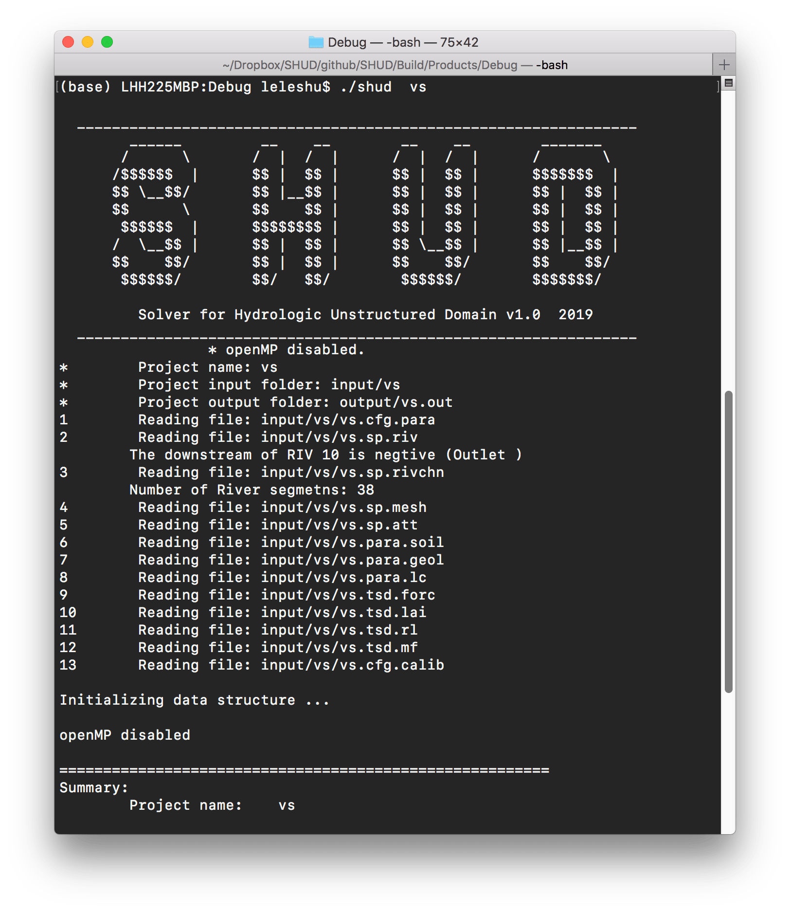 Screen print of SHUD running.