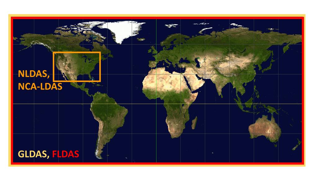 GLDAS, FLDAS, NLDAS, NCA-LDAS覆盖范围