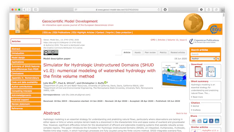 The SHUD model description paper is published on Geoscientific Model Development