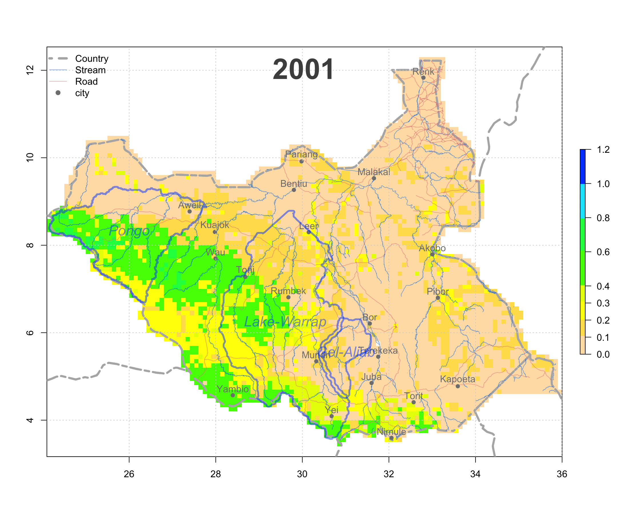Animation of flood plant in South Sudan from 2001 to 2017 based on FLDAS data. 